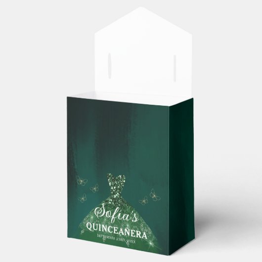 Smaragdgroene bloemenquinceañera vlinders bedankdoosjes (Geopend)