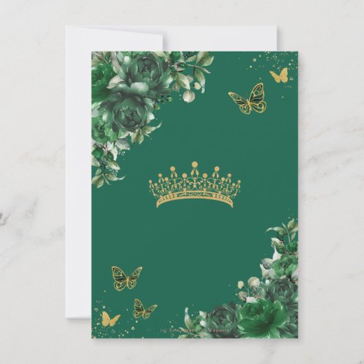 Smaragdgroene bloemenquinceañera vlinders bedankkaart (Achterkant)