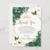Smaragdgroene bloemenquinceañera vlinders bedankkaart (Voorkant)