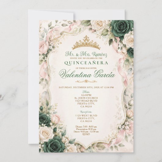 Smaragdgroene bloemensjerp Quinceañera uitnodiging (Voorkant)