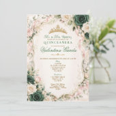 Smaragdgroene bloemensjerp Quinceañera uitnodiging (Staand voorkant)