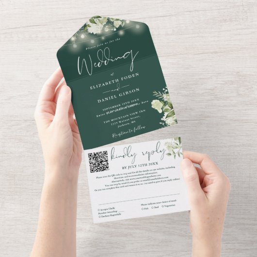 Smaragdgroene bloemenslinger lichten QR-code bruil All In One Uitnodiging (Afscheurbaar)