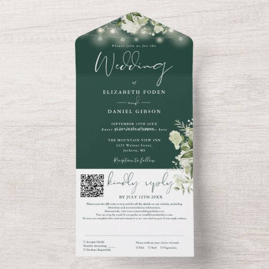 Smaragdgroene bloemenslingerlichten QR-code bruilo All In One Uitnodiging (Binnen)