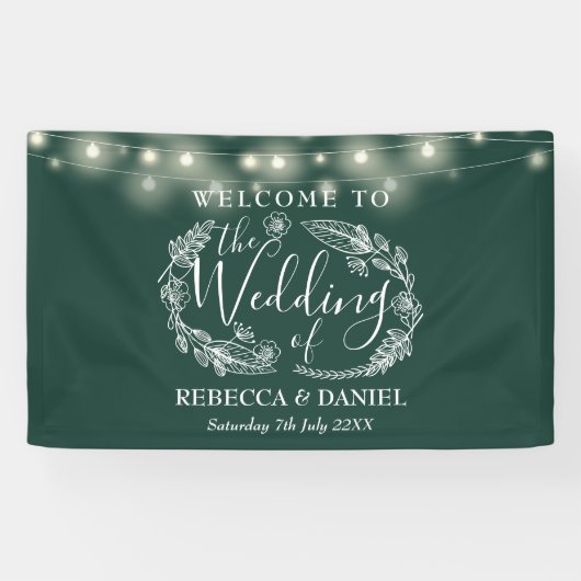Smaragdgroene bloemenslingerscript bruiloft spandoek (Horizontaal)