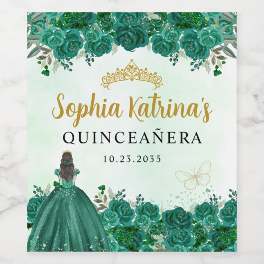 Smaragdgroene bloementiara quinceanera verjaardag wijn etiket (Enkel label)