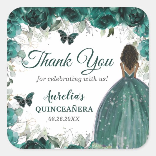 Smaragdgroene bloemenvlinders bruine prinses vierkante sticker (Voorkant)