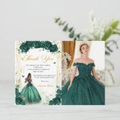 Smaragdgroene bloemenvlinders quinceañera foto bedankkaart (Staand voorkant)