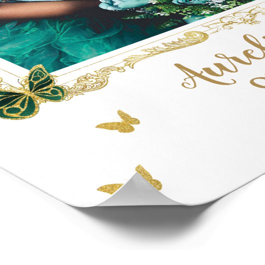 Smaragdgroene bloemenvlinders quinceanera foto poster (Hoek)