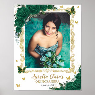 Smaragdgroene bloemenvlinders quinceanera foto poster