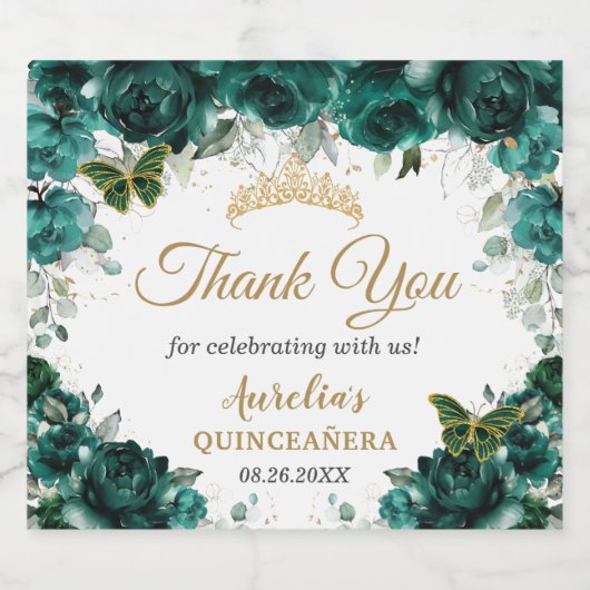 Smaragdgroene bloemenvlinders Rozen gunst Sparkling Wijnetiket (Enkel label)