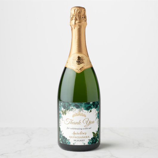 Smaragdgroene bloemenvlinders Rozen gunst Sparkling Wijnetiket (Voorkant)