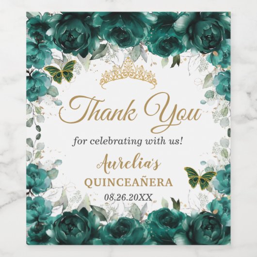 Smaragdgroene bloemenvlinders Rozen gunst Wijn Etiket (Enkel label)