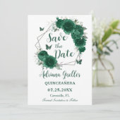 Smaragdgroene bloemenvlinders zoet 16 Verjaardag Save The Date (Staand voorkant)
