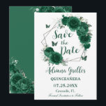 Smaragdgroene bloemenvlinders zoet 16 Verjaardag Save The Date<br><div class="desc">Personaliseer deze smaragdgroene bloemenquinceañera / Sweet 16 birthday en bewaar de datum gemakkelijk en snel. Met chique smaragdgroene bloemen, vlinders en zilveren elementen. Klik op de knop Bewerken met ontwerpgereedschappen om de tekst, tekst, tekenstijl, tekengrootte en tekenkleur verder te bewerken, meer tekst toe te voegen, afbeeldingen te verplaatsen of te...</div>
