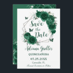 Smaragdgroene bloemenvlinders zoet 16 Verjaardag Save The Date<br><div class="desc">Personaliseer deze smaragdgroene bloemenquinceañera / Sweet 16 birthday en bewaar de datum gemakkelijk en snel. Met chique smaragdgroene bloemen, vlinders en zilveren elementen. Klik op de knop Bewerken met ontwerpgereedschappen om de tekst, tekst, tekenstijl, tekengrootte en tekenkleur verder te bewerken, meer tekst toe te voegen, afbeeldingen te verplaatsen of te...</div>