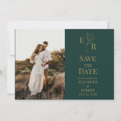 Smaragdgroene Bloemige Monogram Foto Save the Date Kaart (Voorkant)