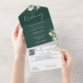 Smaragdgroene Bloemige Monogram QR Code Trouwen All In One Uitnodiging (Afscheurbaar)