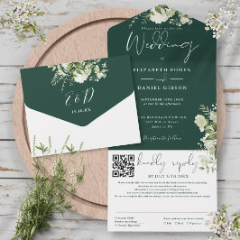 Smaragdgroene Bloemige Monogram QR Code Trouwen All In One Uitnodiging