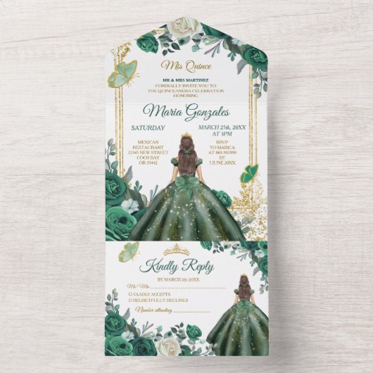 Smaragdgroene Bloemige Prinses Gouden Quinceañera All In One Uitnodiging (Binnen)
