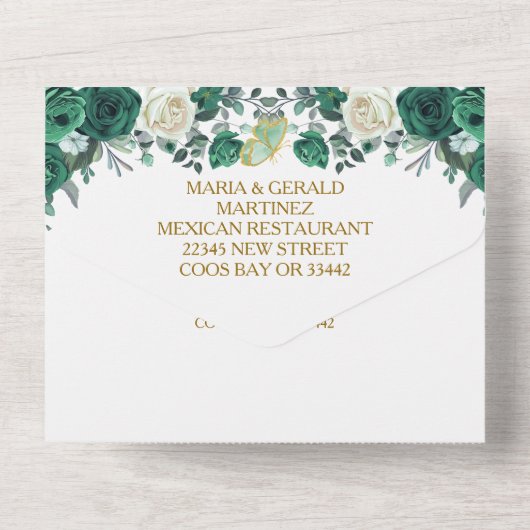 Smaragdgroene Bloemige Prinses Gouden Quinceañera All In One Uitnodiging (Achterkant)