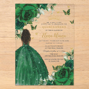 Smaragdgroene bloemige prinses Quinceañera Sweet 1 Acryl Uitnodigingen