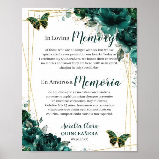 Smaragdgroene Bloemige Quinceanera Ter Lieve Herin Poster (Voorkant)