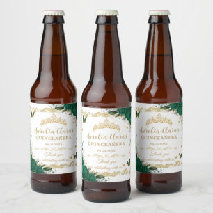 Smaragdgroene bloemige vintage gouden Quinceañera Bier Etiket