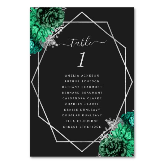 Smaragdgroene bloemige zilveren geo zwarte bruilof kaart (Achterkant)