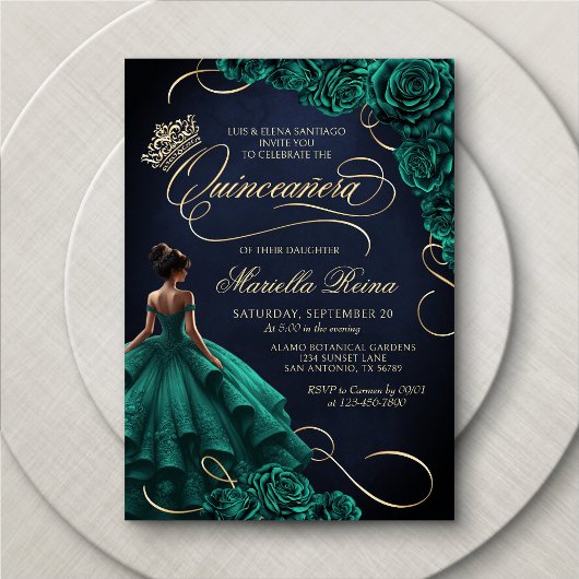 Smaragdgroene bloemjurk Quinceañera Kaart