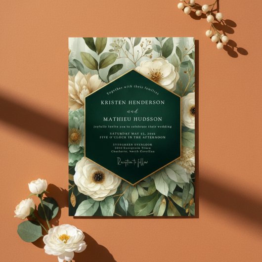 Smaragdgroene Bloemrijke Bruiloft Kaart