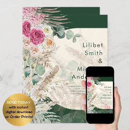 Smaragdgroene BOHO bloemrijke roze bruiloft Kaart