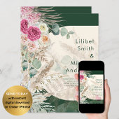 Smaragdgroene BOHO bloemrijke roze bruiloft Kaart