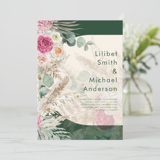 Smaragdgroene BOHO bloemrijke roze bruiloft Kaart (Staand voorkant)