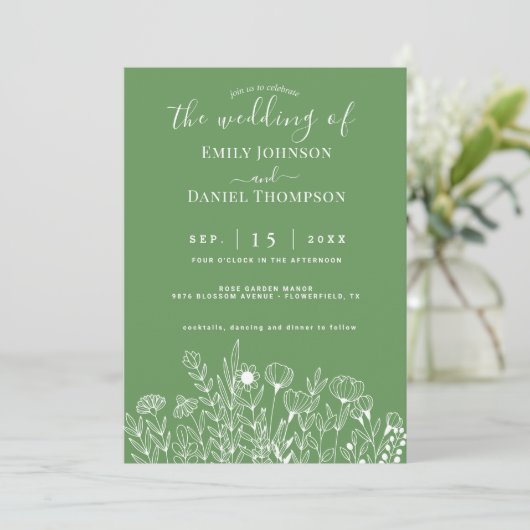 Smaragdgroene Boho Minimalistische Bloemige Trouwd Kaart (Staand voorkant)