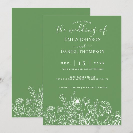 Smaragdgroene Boho Minimalistische Bloemige Trouwd Kaart (Voorkant / Achterkant)