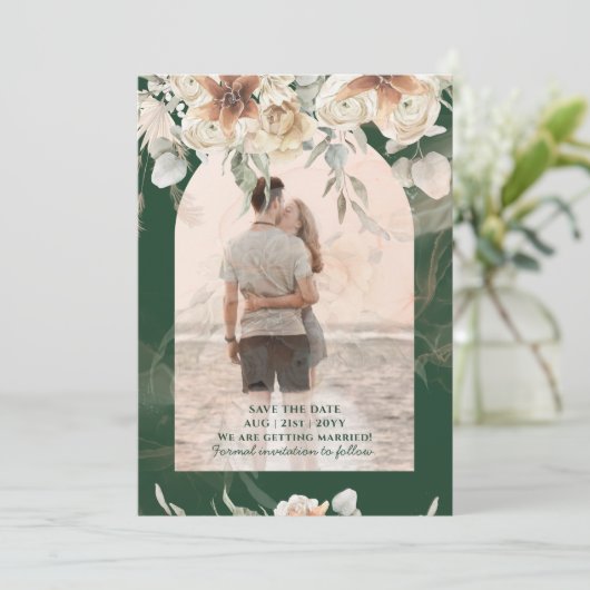 Smaragdgroene BOHO Terracotta Bloemen Bruiloft Save The Date (Staand voorkant)