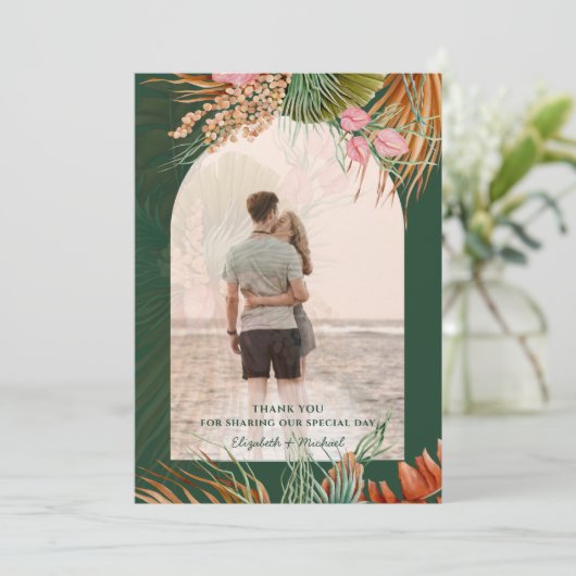 Smaragdgroene Boho Tropische Pampas Gras Bruiloft Bedankkaart (Staand voorkant)