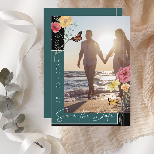 Smaragdgroene Boho-wildbloem Foto Save the Date