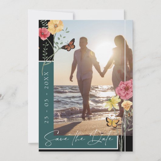 Smaragdgroene Boho-wildbloemfoto Save the Date (Voorkant)