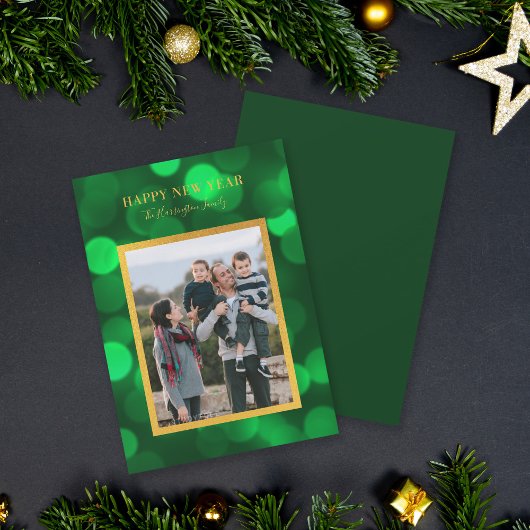 Smaragdgroene bokehlichten Goud Gelukkig Nieuwjaar Feestdagenkaart