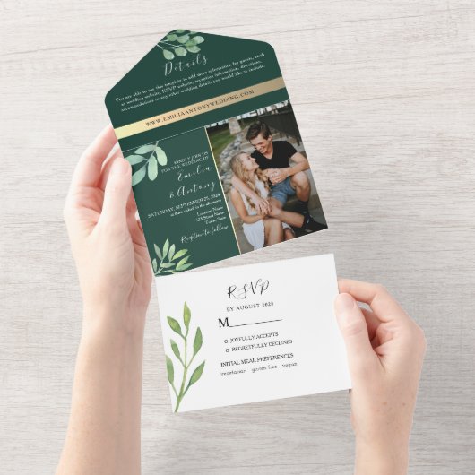 Smaragdgroene botanische bruiloft all in one uitnodiging (Afscheurbaar)