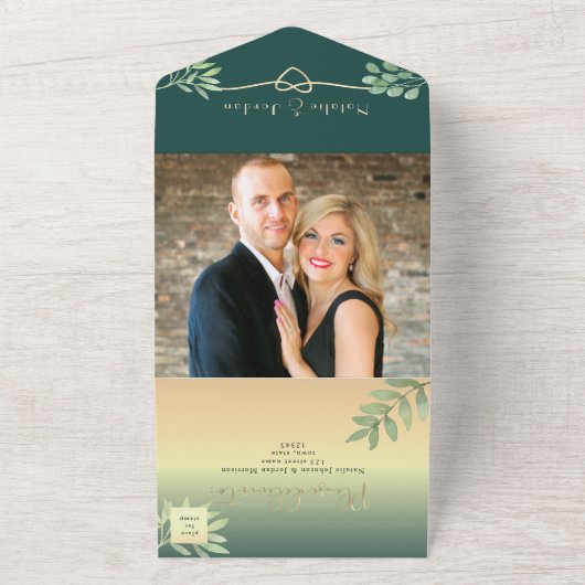 Smaragdgroene botanische bruiloft all in one uitnodiging (Buitenkant)