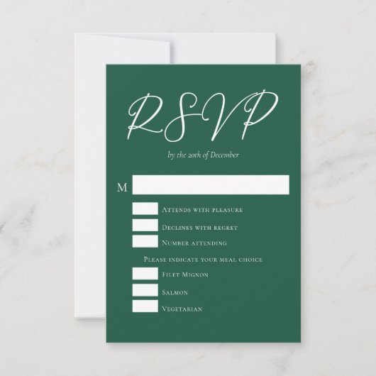 Smaragdgroene bruiloft met maaltijdkeuze RSVP kaartje (Voorkant)