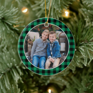 Smaragdgroene Buffalo Plaid Kerst Kinderfoto Keramisch Ornament