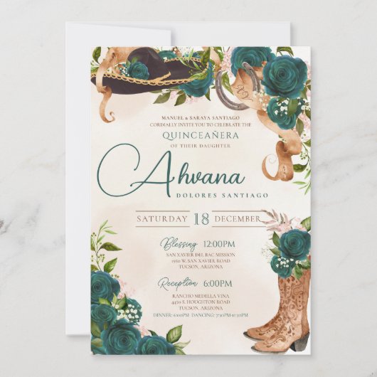 Smaragdgroene Charra Quinceanera Westerne Rozen Kaart (Voorkant)