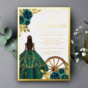 Smaragdgroene Charro-bloemenjurk Quinceanera Goud Folie Uitnodiging