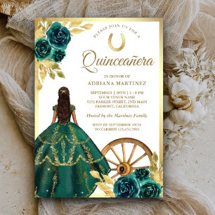 Smaragdgroene Charro Bloemjurk Gouden Quinceanera Kaart