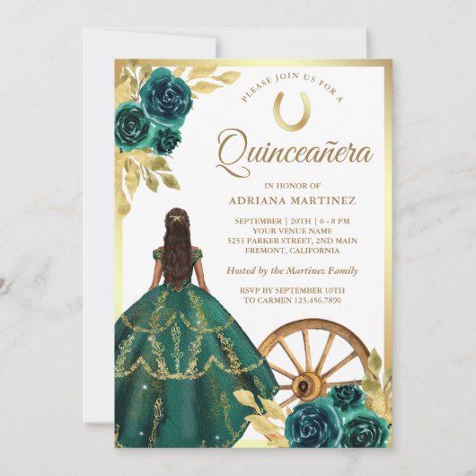 Smaragdgroene Charro Floral Jurk Goud Quinceanera Kaart (Voorkant)
