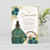 Smaragdgroene Charro Floral Jurk Goud Quinceanera Kaart (Staand voorkant)