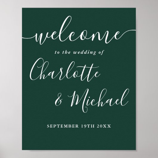Smaragdgroene chic script bruiloft welkom bord poster (Voorkant)